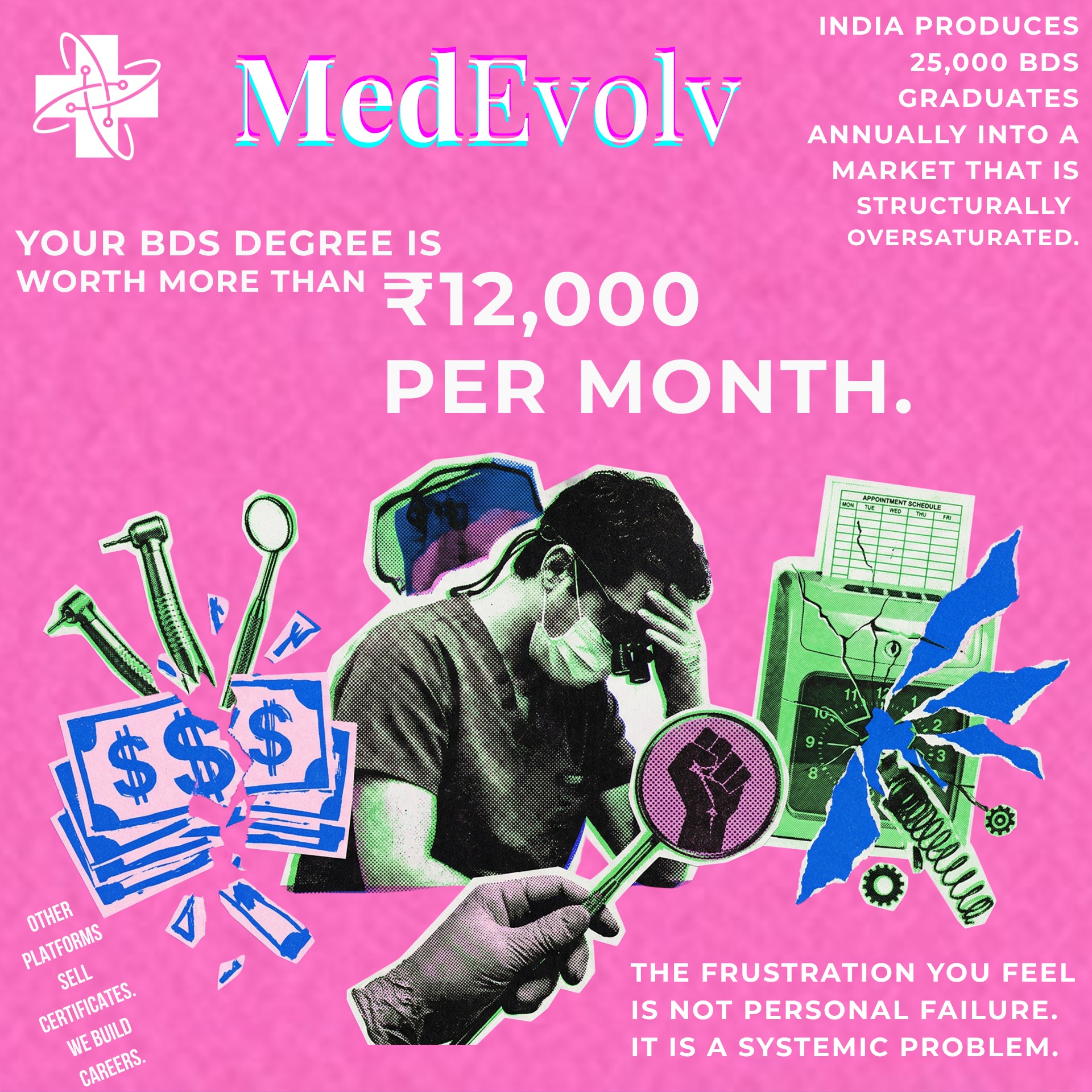 MedEvolv Instagram poster: Your BDS degree is worth more than ₹12,000 per month. India produces 25,000 BDS graduates annually into a market that is structurally oversaturated.